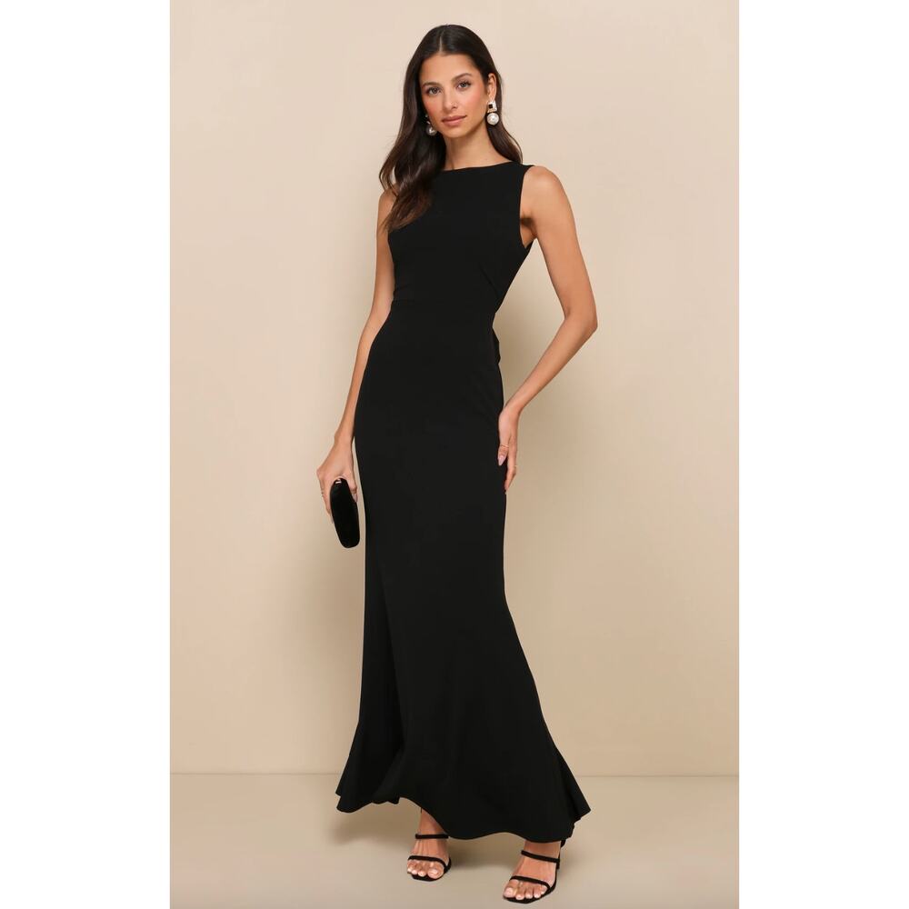 Lulus Exquisite Refinement Black Backless Bow Ruffled Maxi Dress Formal XS NWT
